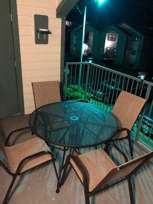 Balcony patio table and chairs, great for morning coffee or evening drinks!