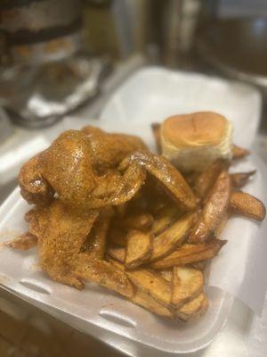 Just pepper wings with hand cut fries and roll