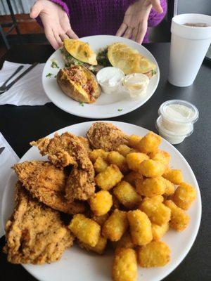 Chicken Tenders with Tots. Crunch Wrap Burger with Loaded Potato