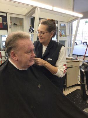 Miss Althea is working at GULFWAY Barber shop she's been cut men's hair in Corpus Christi sense 1994