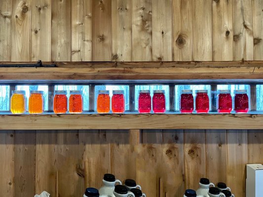 As the syrup-making season goes on, the syrup batches go from a very light color to a dark color.