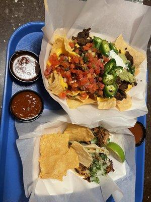 Carnitas tacos + carne asada nachos