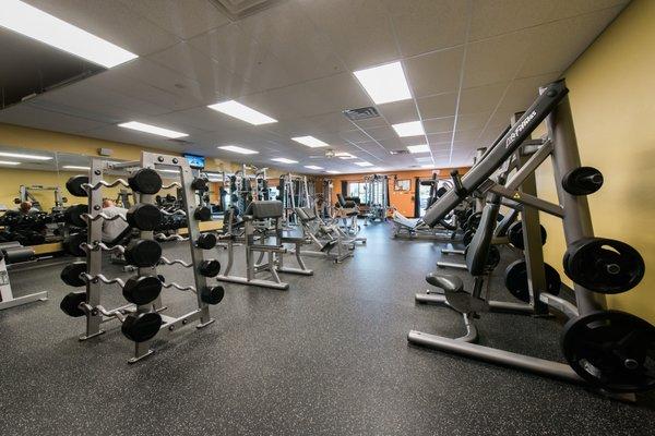 Large and spacious weight room featuring free weights, dumb bells, bar bells, plate loaded machines, squat racks, and a smith machine.