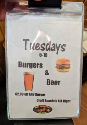 Tuesday's Burger & Beer specials.