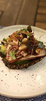 Taco Omakase: Seared Ahi Tuna with roasted peanuts on a sesame tostada