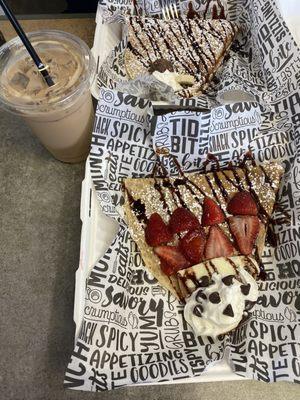 Medium plain iced latte, Top: Findlay crepe, Bottom: Eiffel Tower crepe add strawberries and substitute chocolate sauce instead of nutella