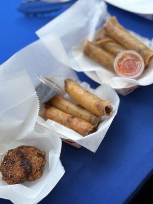 Menchi katsu, chicken gyoza lumpia and traditional Shanghai lumpia wing Gyoza sauce and sweet chili sauce