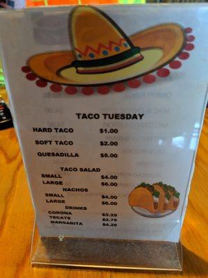 Taco Tuesday menu.