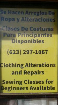 Sewing clases also available.