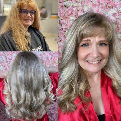 Color correction transitions for a natural blending and hiding grey hair, is done with a unique technique