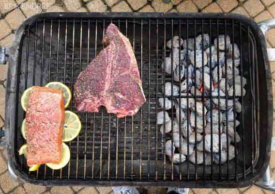 Salmon fillet and choice porterhouse steak from Robert's.