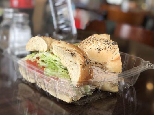 Tuna The Salad Works Sub on an Everything Bagel