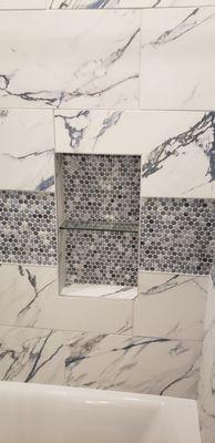 Bathroom shower double niche with glass shelf