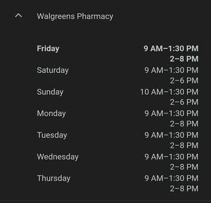 Times posted on Google for this pharmacy