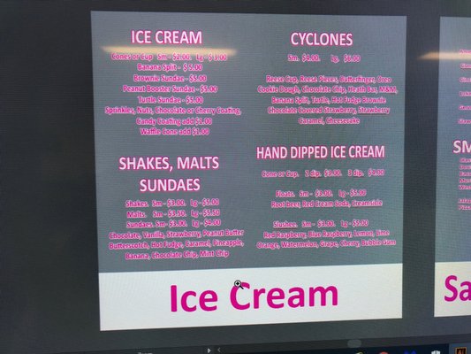 Ice cream menu