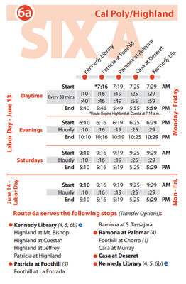 Route 6a schedule as of 2016-03-16 (SLO Transit).