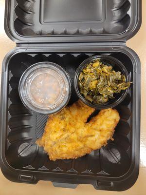 Fried Fish with baked beans and collard greens