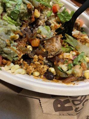 Steak in my vegan bowl. Went digging in my bowl after I dug out a piece of sharp plastic from my mouth after cutting my lip.