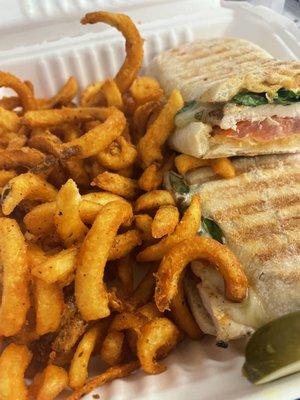 Grilled Spicy Chicken Panini and Curly Fries