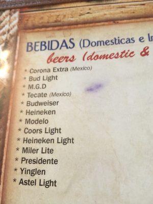 Beer menu- I only suggest Corona or another Mexican beer- the Yuengling we had was definitely expired/skunked.