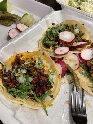 Tacos de chorizo and Al Pastor Tacos