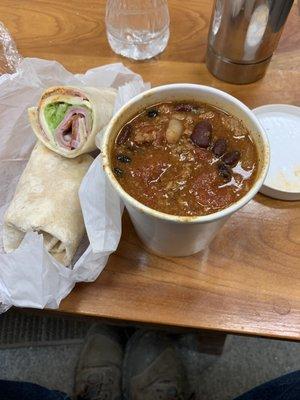 Excellent Turkey Chili and simple Italian Wrap.