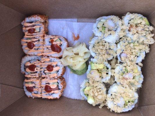 Spicy salmon roll one left (took picture after one piece) and Shrimp tempura roll on right