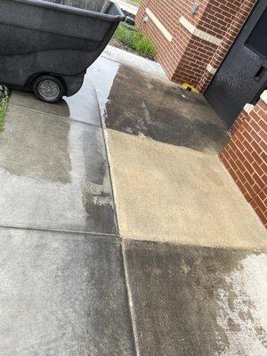 A comparison of a clean square of sidewalk vs the dirty sidewalk of a restaurant.