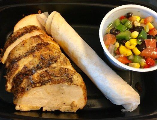 Grilled southwestern chicken w/ black bean & corn salsa, and tortillas