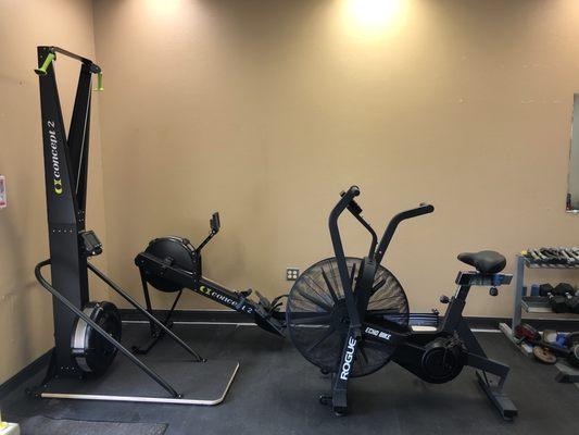 Cardio equipment. Concept 2 Ski Erg and Rower. Rogue Echo Bike