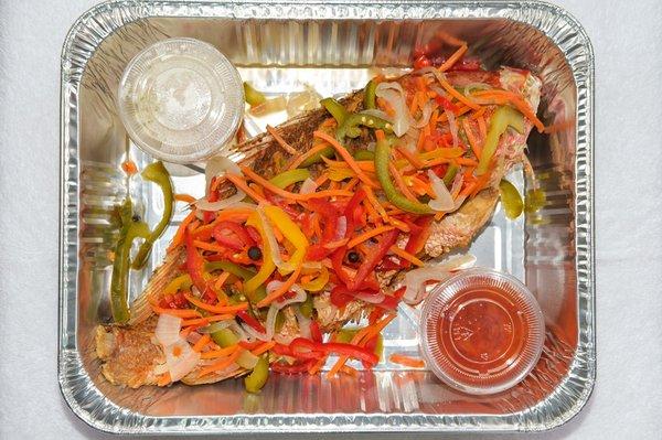 Escovitch Red Snapper Fish with coleslaw and peppered sauce