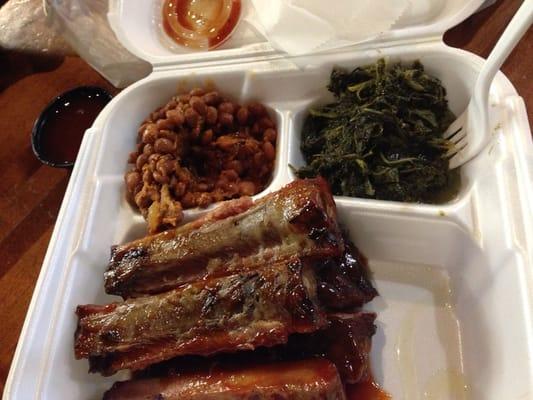 This was the 1/2 wet ribs platter with (BBQ?) beans, greens and we ordered two muffins on the side