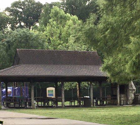 Main picnic shelter with large stone fireplace.