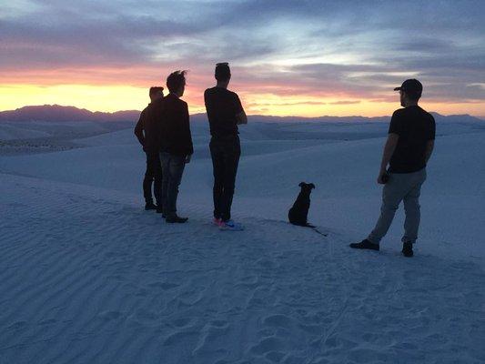 Martini the Movie Dog relaxing and enjoying the White Sand National Monument sunset with Lancôme Paris Production crew. Camera Hogs, LLC