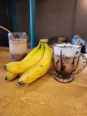 Cocoa bananas coffee smoothie and peanut butter banana iced mocha