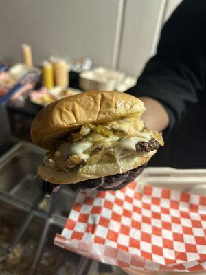 Jalapeño pepper jack burger with grilled onions and thousand island. Pepperjack cheese limited quantity