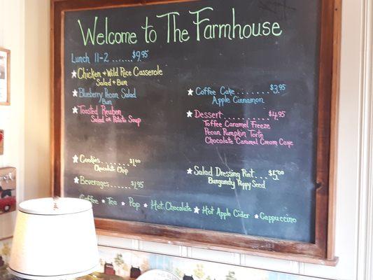 Menu board at the Farmhouse on 10/31/18