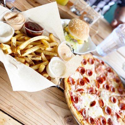 Happy Hour Burger, Fries and GF pizza