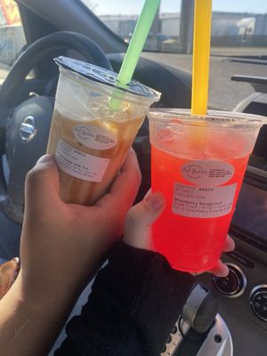 Strawberry Teas/Punch with strawberry popping boba  Brown Sugar Milk Tea with pearl boba