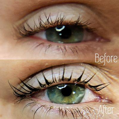 Before and after of signature lash lift and tint.