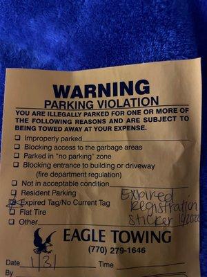 Warning parking violation sticker