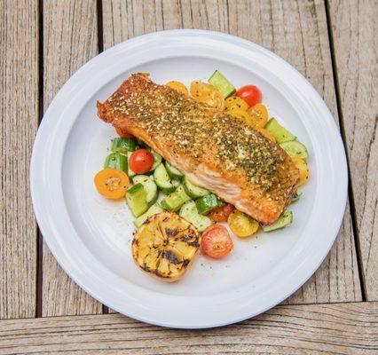 Zahtar Roasted Salmon with Lemon-Mint Israeli Salad