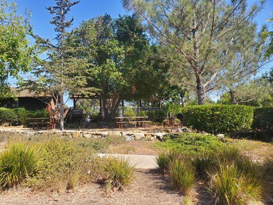 Park view toward pool with picnic tables & BBQ