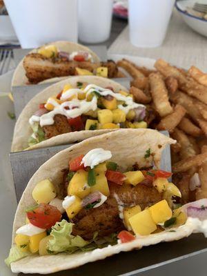 Blackened fish street tacos with fries