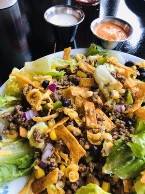 DIY Taco Salad - ground beef, tortilla chips, Colby cheddar, red onion, green pepper, corn, black beans, and French dressing