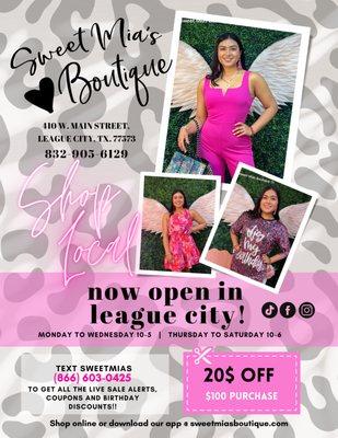 Hello League City Friends come shop local get $20 off when you purchase $100 or more