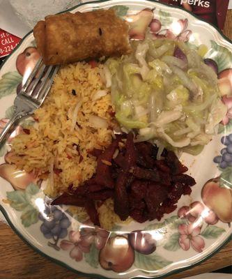 Boneless spare ribs, fried rice, chicken chow mein, shrimp roll.