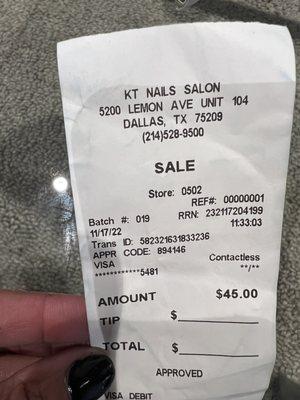 Receipt for gel manicure