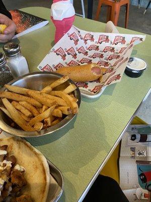 Kids corn dog w fries (and a bite)