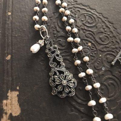 One of a kind Sterling silver marcasite and pearl pendant. $75.